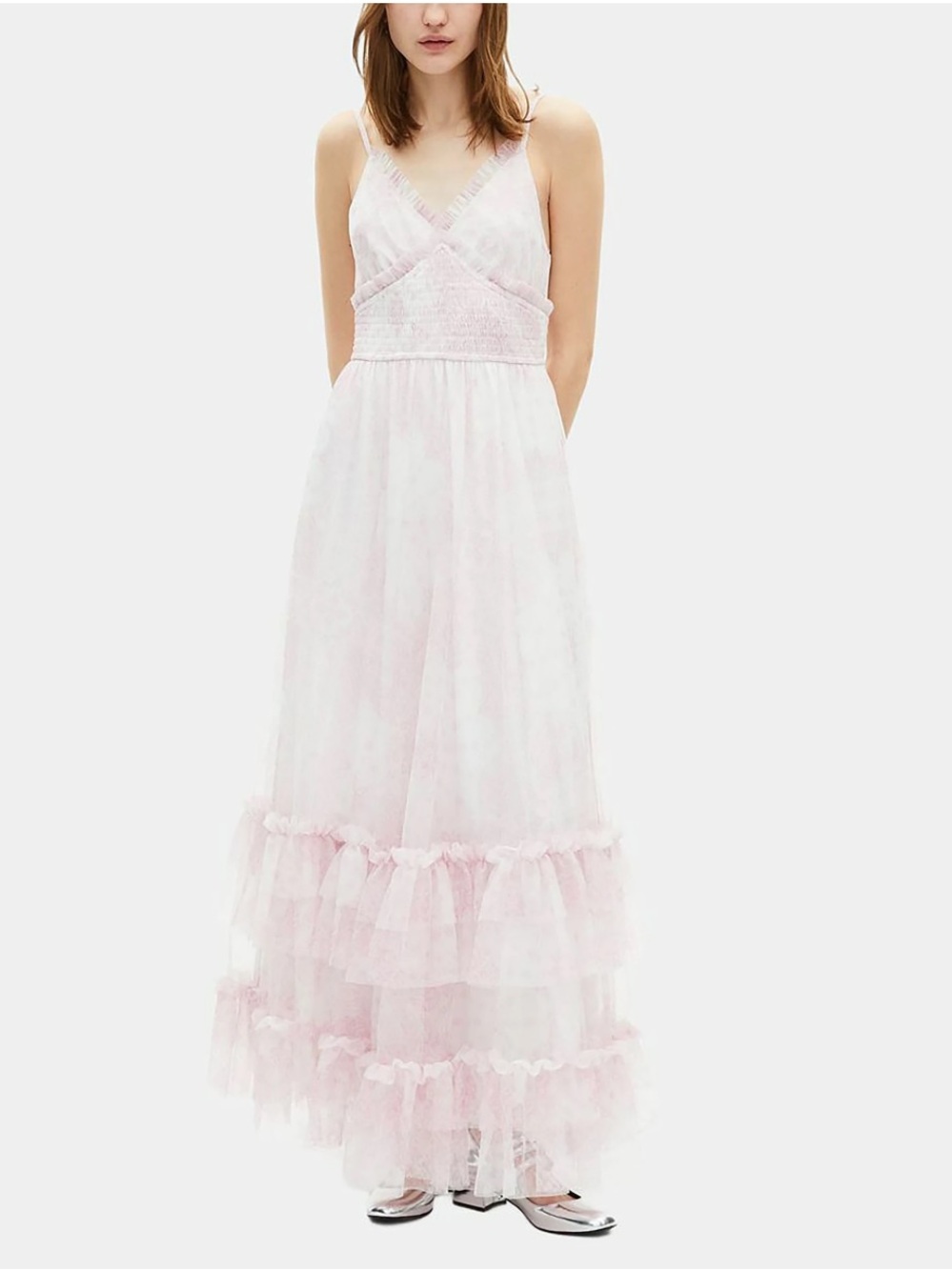 The Kooples Long Dress in Pale Pink Printed Tulle Women’s Sleeveless Sz 1 Small